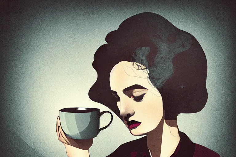 Image similar to editorial illustration by Karolis Strautniekas and Mads Berg, Lynn Curlee Art, portrait of a sad young woman drinking tea, colorful, fine texture,detailed,film noir, dramatic lighting, dynamic composition, vivid, matte print, moody,perspective angle looking up