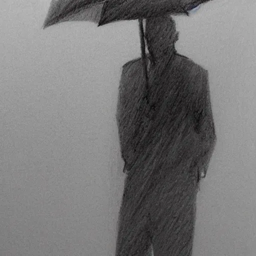 Image similar to a drawn man standing in the rain. pencil sketch.