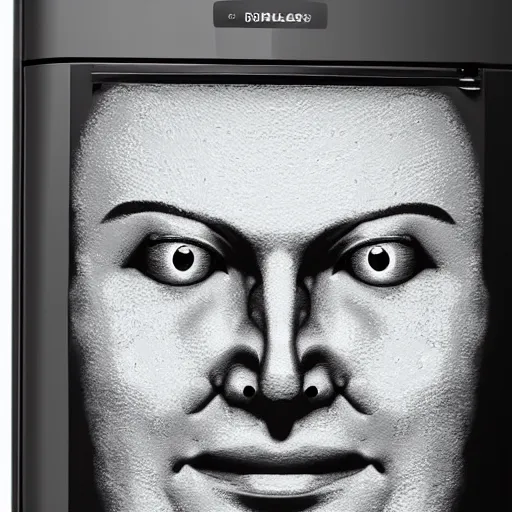 Prompt: a refrigerator with a 3D human face on it