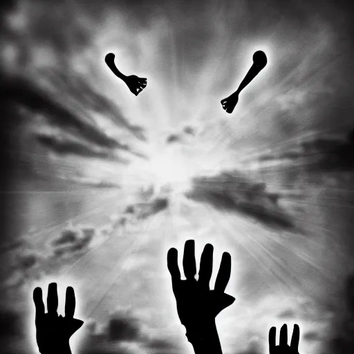 Image similar to three realistic eyes and hands floating in the sky over a city, high contrast, low key, black and white, vintage poster, film grain