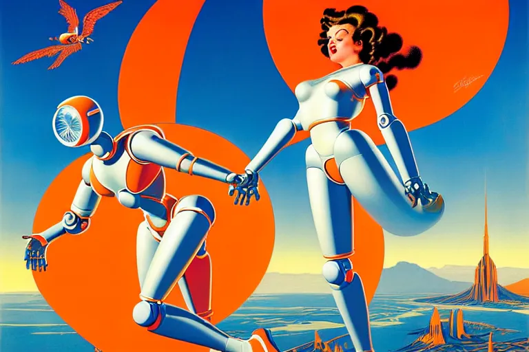 Prompt: a beautiful robotic angel terrified by an unseen assailant by dan mumford and alberto vargas and josan gonzalez and gil elvgren, vibrant, white outfit, orange details, blue sky