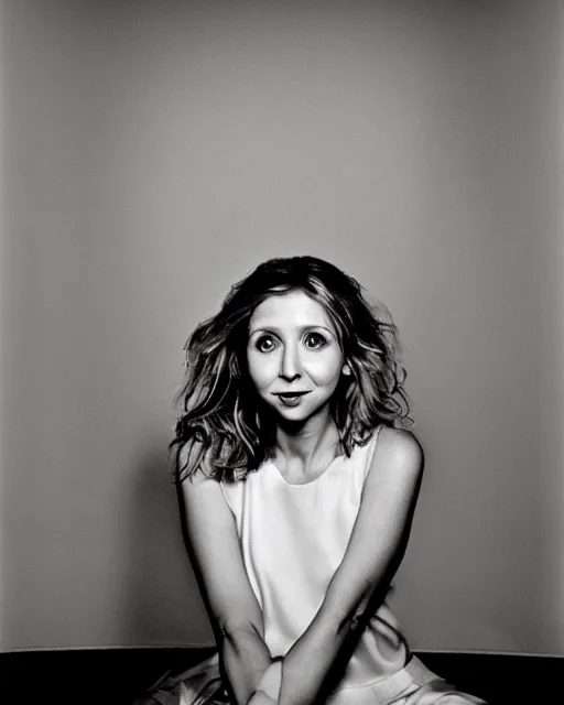 Prompt: award winning photo of Sarah Chalke, chesterfield lounge, symmetrical face, beautiful eyes, studio lighting, wide shot art by Sally Mann & Arnold Newman