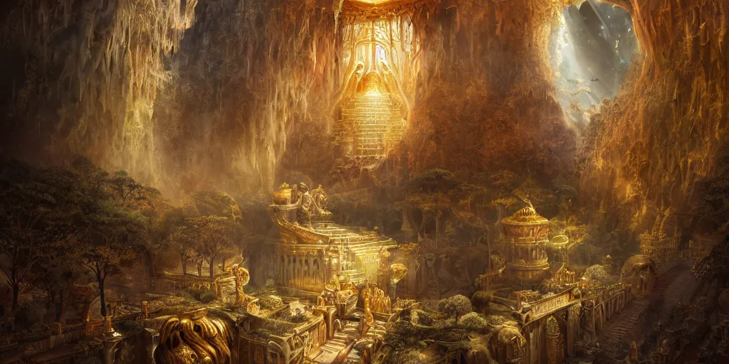 Image similar to a majestic hiperrealistc of the entrance kingdom of agharta, with the highly detailed portrait of king brightening on gold majestic, land of advanced races, giant, hollow earth infographic, illustrations, global illumination, radiant light, detailed and intricate environment, trending on artstation, art by oleg oprisco, 8 k