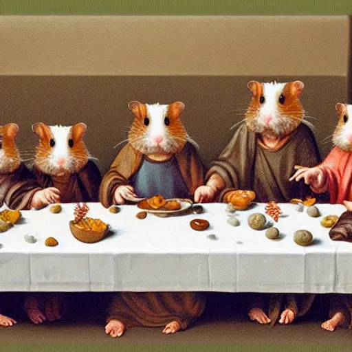 Prompt: hamsters at the last supper table