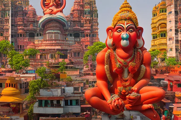 Image similar to high quality dreamscape! biomorphic new delhi, hanuman!! head building, kalighat, octane highly detailed, cinematic smooth, stephen shore & john j. park, soft morning light, wide shot, high angle, uhd 8 k, deep focus