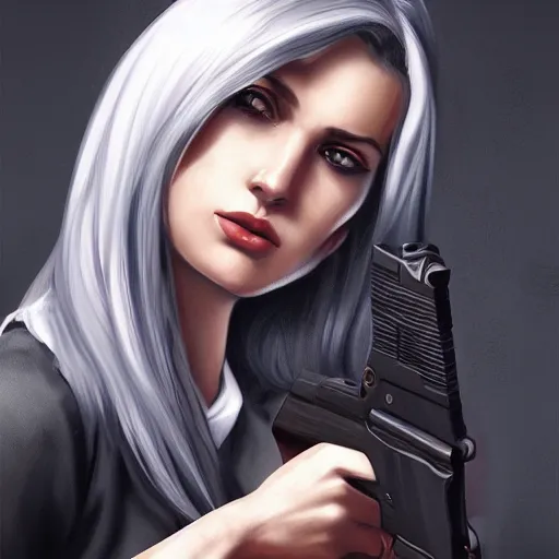 Image similar to a girl wearing a business, she has grey hair and is holding a gun, digital painting, smooth, hd, realist, artstation, deviantart, art by tran ross and