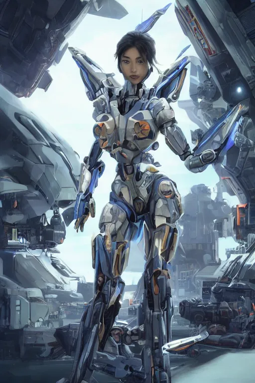 Prompt: a young attractive Asian woman in the pilot's seat of a massive sci-fi mecha, both arms at her sides, dramatic pose, blue LEDs, highly detailed, photorealistic, volumetric lighting, digital art, octane render, in the style of Artgerm and Tom Bagshaw