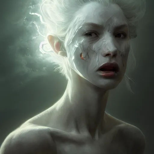 Image similar to a roaring and crying ghost, tall, silver skin, illustration, cinematic lighting, 8 k, d & d, frostbite 3 engine, cryengine, dof, artstation, intricate, digital art, crepuscular ray, art by tsuyoshi nagano, greg rutkowski, artgerm, alphonse mucha