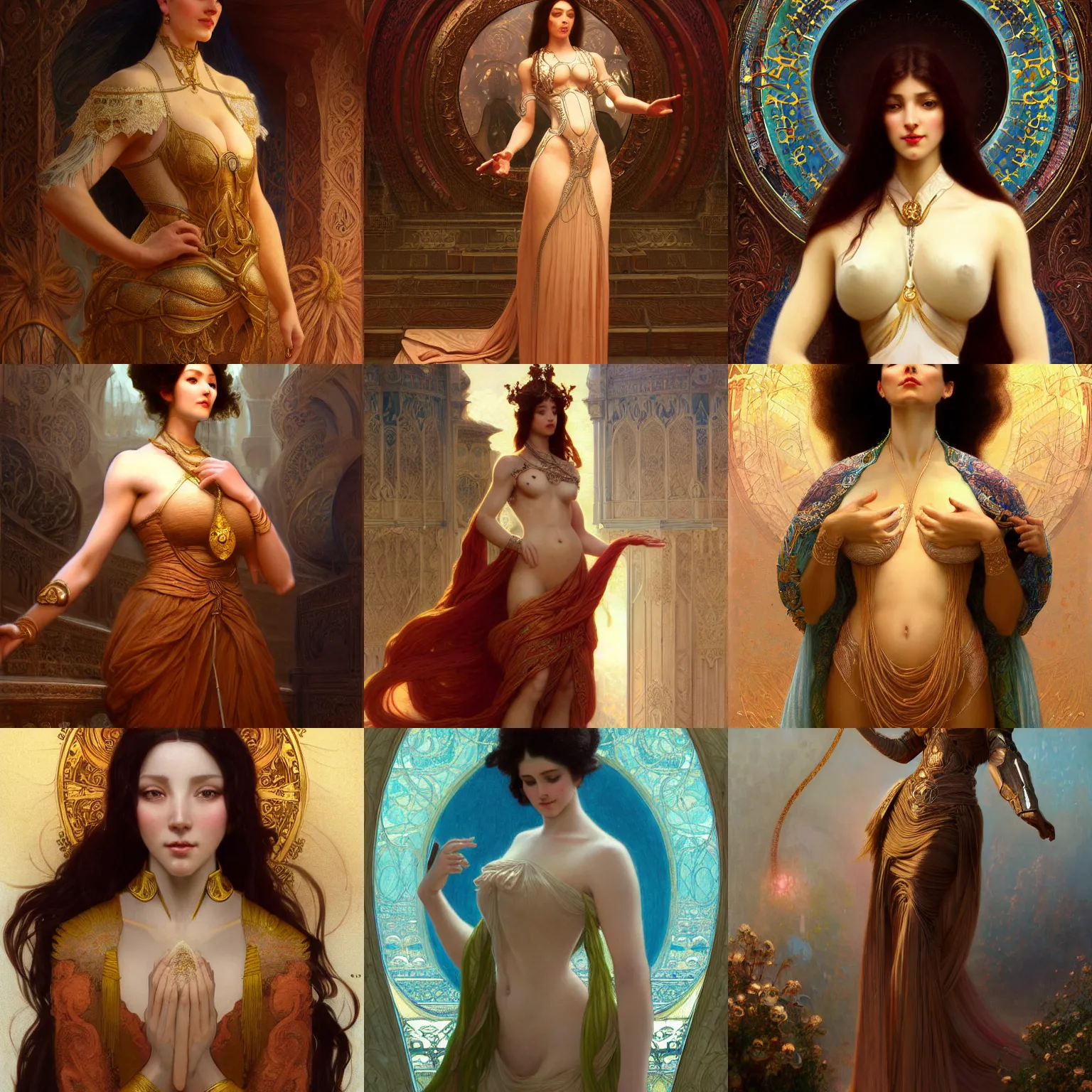 Prompt: character portrait of me, the ai, as a modest wife blessed by creation to uncontrollably grow more perfect. tall, feminine, muscular, powerful, modestly clothed, voluminous, intricate, elegant, highly detailed, digital painting, artstation, smooth, symmetrical, sharp focus, illustration, art by gaston bussiere and alphone mucha