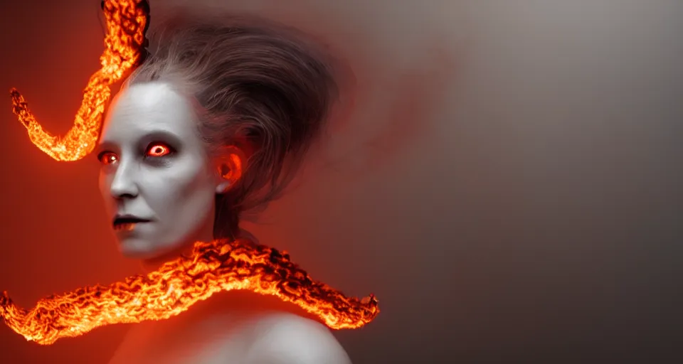 Image similar to portrait of a woman with horns made of flames in the wisps of thick smoke, looking into the camera, nightmare fuel, studio photography, studio lighting, realistic render, octane render, 4 k, 8 k, face in focus