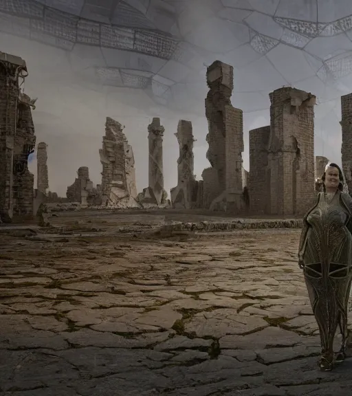 Image similar to tarkovsky greatest scene, the ancient destroyed majestic tower of babylon, a woman in futuristic cyber clothing, transparent puffer jacket, hyper realistic, blockchain, virtual world, ambient lighting, concept art, intricate, hyper - detailed, smooth, dynamic volumetric lighting, corona render, ray trace, cinematic, high quality, high resolution, 4 k, cgsociety