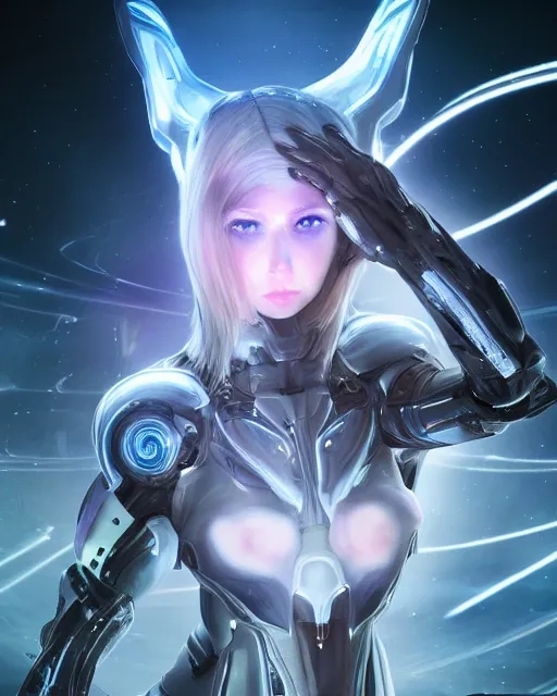 Image similar to photo of a android girl on a mothership, warframe armor, beautiful face, scifi, nebula, futuristic background, galaxy raytracing, dreamy, focused, sparks of light, pure, long white hair, blue cyborg eyes, glowing, 8 k high definition, insanely detailed, intricate, innocent, art by akihiko yoshida, antilous chao, woo kim