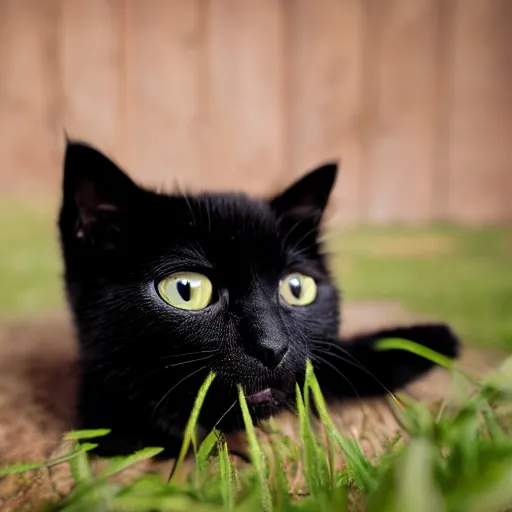 Prompt: a photo of a black kitten in the countryside taking selfies, hyperrealism, bokeh, ultrafine detail, photo taken with nikon d 7 5 0