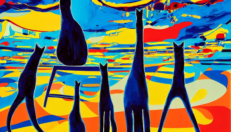 Image similar to contemporary semi abstract acrylic painting of really tall sitting cats by makoto shinkai, by stanley donwood, kessler art, thick brush strokes and visible paint layers, multicolor color scheme