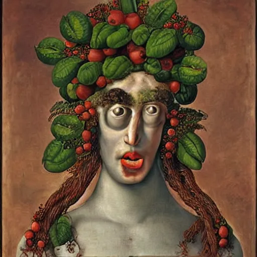 Image similar to Medusa as a fruit painting, by Giuseppe Arcimboldo
