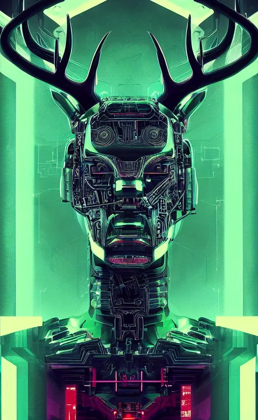 Prompt: poster style, a beautiful and terrifying painting with high details a digital portrait of cyber god of hunting with robotic deer head in style of green neon, cyber noir, movie atmosphere, movie lights, 8 k, light effect, rtx on, trending on artstation, by kilian eng, lee madgwick, bastien lecouffe - deharme