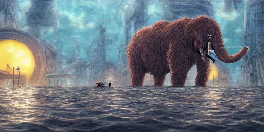 Prompt: a realistic cell - shaded studio ghibli concept art from paprika ( 2 0 0 6 ) of a giant wooly mammoth in a flooded futurist city on a misty starry night. very dull colors, wide shot, hd, 4 k, hq