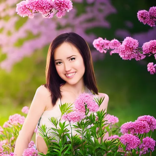 Image similar to buxom brunette beauty, dreamy, hazy, in an arboretum, dressed in flowers, smiling at the camera, sunset, macro, directed by a japanese studio