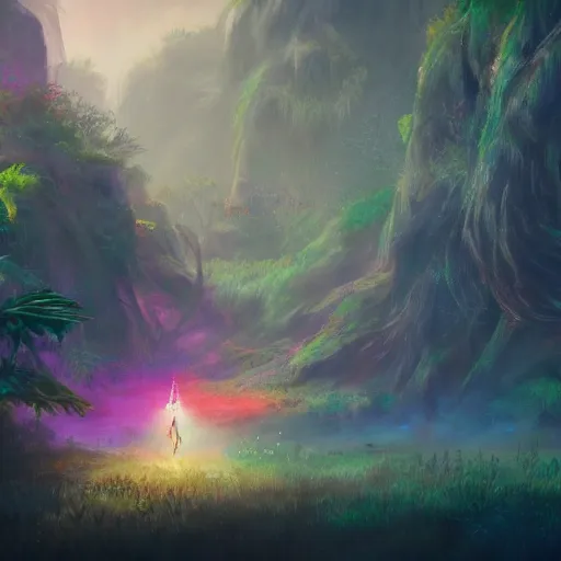 Image similar to landscape of Aloy with pistol swimming in chromatic SPIRITS in misty mysterious astral temple, beautiful, dmt, trending on artstation, omnious, soft, artwork by Wong, Liam