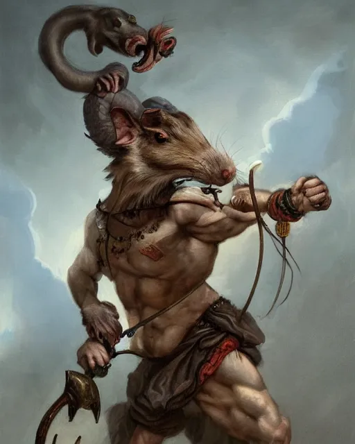 Image similar to baroque portrait of a male were-rat with the head of a rat. he is very muscular. he is wielding an axe. 4K trending on artstation by peter mohrbacher