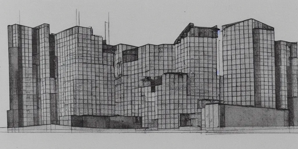 Image similar to brutalist building facing. yugoslavia, le corbusier, central symmetry, golden ratio, black and white color scheme, etching render