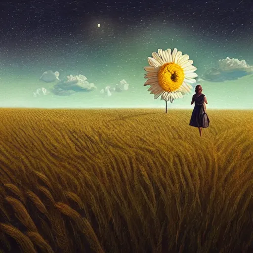 Image similar to giant daisy flower as a head, girl walking in wheat field, hills, surreal photography, moon light, dark night, star trails, dramatic light, impressionist painting, clouds, digital painting, artstation, simon stalenhag