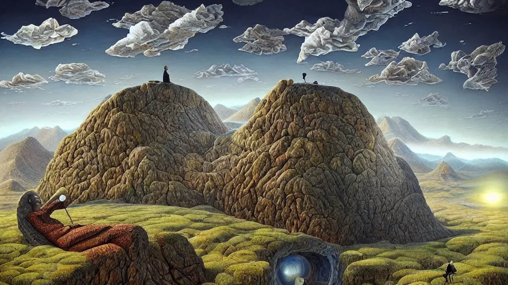 Image similar to surreal landscape with anthropomorphic!! terrain!!! in the styles of igor morski, jim warren, and rob gonsalves, intricate, hyperrealistic, volumetric lighting, serene, imaginative