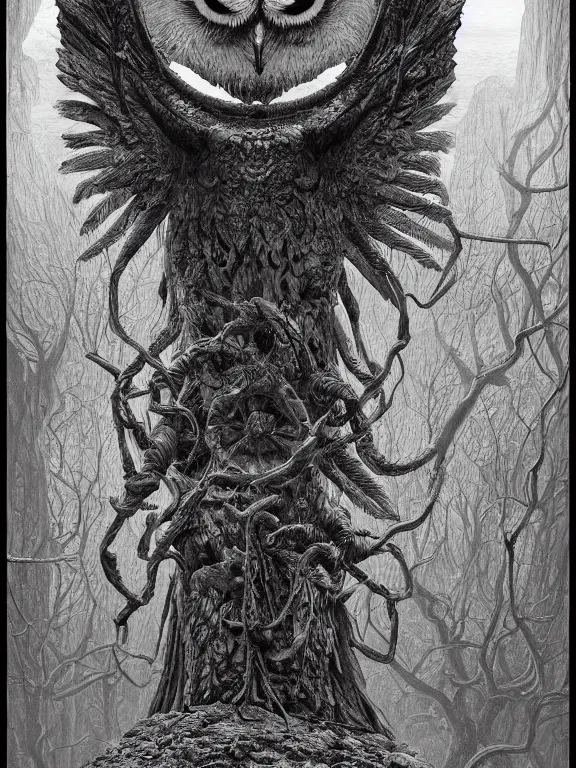 Prompt: a beautiful hyper realistic detailed matte painting showing an old totem of the old owl, a strange and oppressing statue who seems to intensely watch you, dramatic lighting, dynamic lighting, cinematic lighting, by maurits cornelis escher and howard phillips lovecraft, black and white, featured on artstation