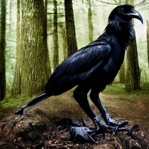 Image similar to !!! chimera consisting of male human and crow, photograph captured in a forest