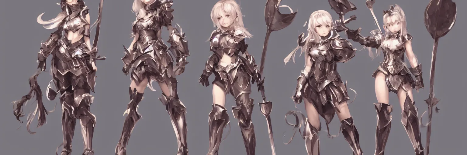 Prompt: character design of a cute vtuber girl in a pose wearing knight armor, fantasy, Digital 2D, highly detailed, sharp focus, smooth, artstation, art by JunYoung Shin