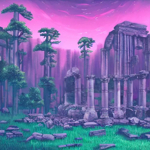 Image similar to ancient ruins in the forest, retrowave art, vaporwave, trending on art station