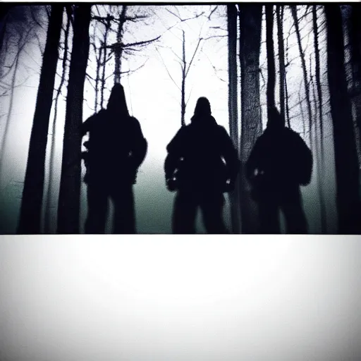 Image similar to low quality iphone photo of the payday 2 crew standing ominously deep in the foggy woods low visibility creepy, grainy, trail cam footage