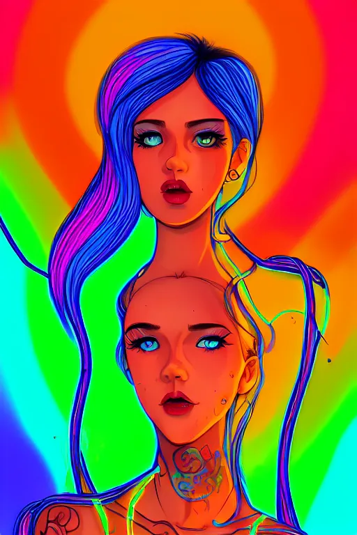 Image similar to a award winning portrait of a beautiful woman with stunning eyes in a one off shoulder croptop and cargo pants with rainbow colored hair, outlined by whirling illuminated neon lines and fine lines swirling in circles by lois van baarle, digital art, trending on artstation