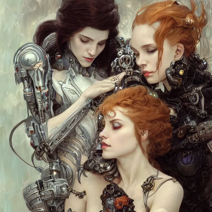 Image similar to portrait of two beautiful pale gothic cyborg maidens kissing, warhammer 40000, cyberpunk, intricate, elegant, highly detailed, digital painting, artstation, concept art, smooth, sharp focus, illustration, art by artgerm and greg rutkowski and alphonse mucha and Gustav Klimt