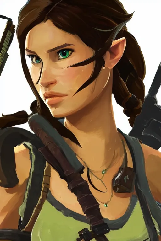 Image similar to an in game portrait of lara croft from the legend of zelda breath of the wild, breath of the wild art style.