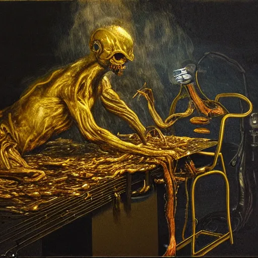 Prompt: dark hi-tech sci-fi lab at night, realistic gustave coubert painting a hideous and sick human exposed guts crawling in two legs and dripping golden metalic fluid from intestine into a pool of golden liquid on the floor. Smokey atmosphere