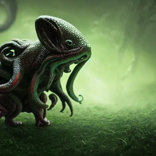 Prompt: miniature cthulhu stepping out of a rabbit hole in the ground, mist on the ground, a large dog is barking at the tiny cthulhu, dark, horror, volumetric lighting