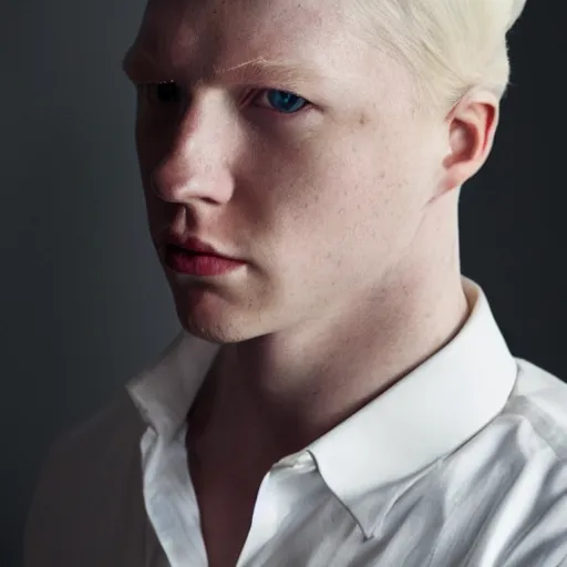 Image similar to portrait of the male model Lucius Bjornsson with beautiful long pale blond hair, albino white pale skin, posing for a photoshoot in the golden hour, white dress shirt and black miniskirt, broad shoulders and huge thick arms, ambient lighting, 4k, anime key visual, lois van baarle, ilya kuvshinov, rossdraws, artstation