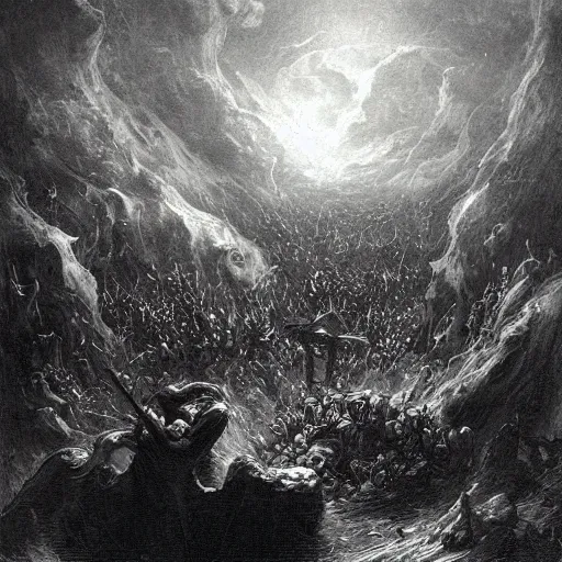 Image similar to a dark and angry god coming to smite a small town of scared villagers, gustave dore, seb mckinnon, matte painting, francisco goya, saturn devouring his children