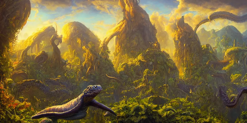 Image similar to fantasy oil painting, great leviathan, cybernetic turtle cephalopod terrapin reptilian pachyderm squid, bella hadid, hybrid, milla jovovich, anubis, epic natural light, lush plants flowers, spectacular mountains, bright clouds, luminous sky, outer worlds, golden hour, michael cheval, edward hopper, michael whelan, vray, hd