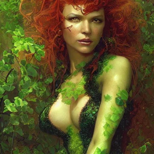 Image similar to poison ivy, fantasy character portrait, ultra realistic, concept art, intricate details, highly detailed, wide angle, by andrew robinson, gaston bussiere, craig mullins, simon bisley