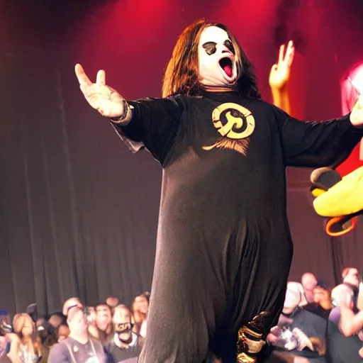 Image similar to ozzy Osborne Eating a man in a bat costume on stage, concert, mascot, crowd