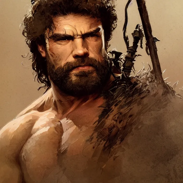 Image similar to portrait of a young sad rugged barbarian, muscular , manowar, upper body, hairy torso, D&D, fantasy, intricate, cinematic lighting, highly detailed, digital painting, artstation, concept art, smooth, sharp focus, illustration by Frank Frazetta, art by Francis Bacon and Greg Rutkowski and Alphonse Mucha