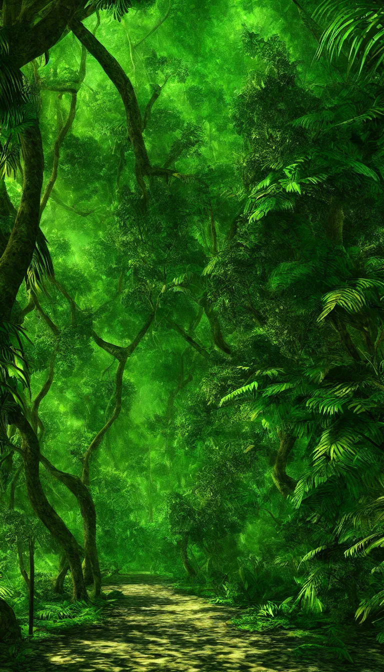 Prompt: highly detailed photo of a single path leading through trees of dense jungle, hyper realistic, concept art, 8 k detail post - processing