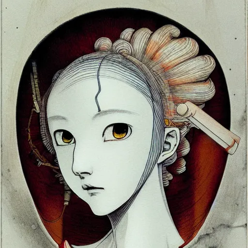 Image similar to prompt: Fragile looking vessel portrait face drawn by Katsuhiro Otomo, inspired by Carlo Dolci, magical and alchemical objects on the side, soft light, white background, intricate detail, intricate ink painting detail, sharp high detail, manga and anime 2000