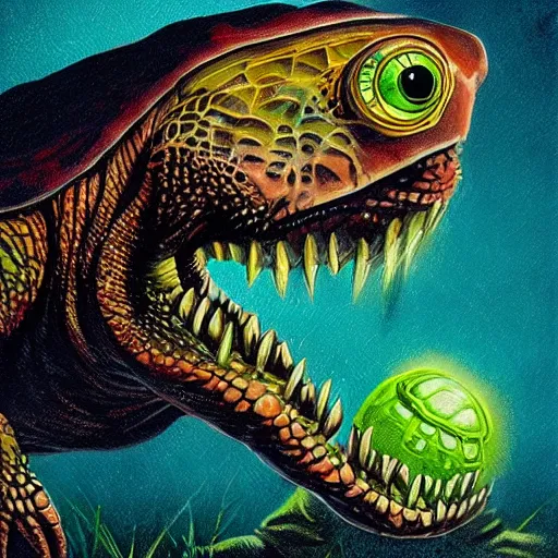 Image similar to a turtle monster ,monster teeth, chalk digital art, fantasy, magic, trending on artstation, ultra detailed, professional illustration by Basil Gogos