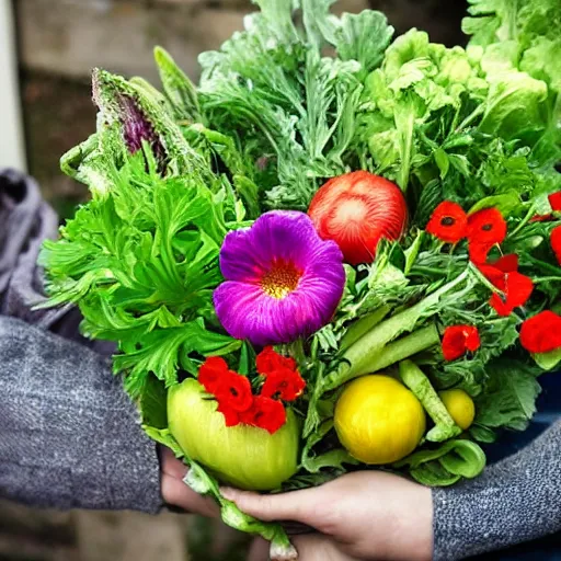 Prompt: the vegetables have their hands full of flowers