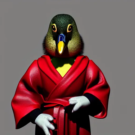 Image similar to portrait of cute mallard duck, wearing cultist red robe, standing at an altar, black feathers, glowing arcane eyes, very detailed black feathers, ultra detailed, cgi, photorealistic, unreal engine 5, nft portrait, 3 d, digital art, 8 k, octane render, trending on art station,