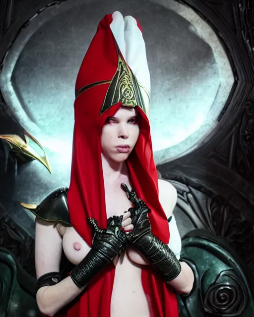 Prompt: red - haired final fantasy white marble egyptian nun caressing her slimy black dragon, warframe armor, regal, attractive, ornate, sultry, sexy, beautiful, elize theron, pretty face, green eyes, scifi platform, 4 k, ultra realistic, epic lighting, illuminated, cinematic, black gold, art by alexandra petruk, voidstar