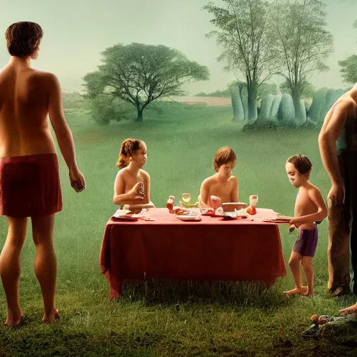 Prompt: a family of cyclops having dinner, by Gregory Crewdson